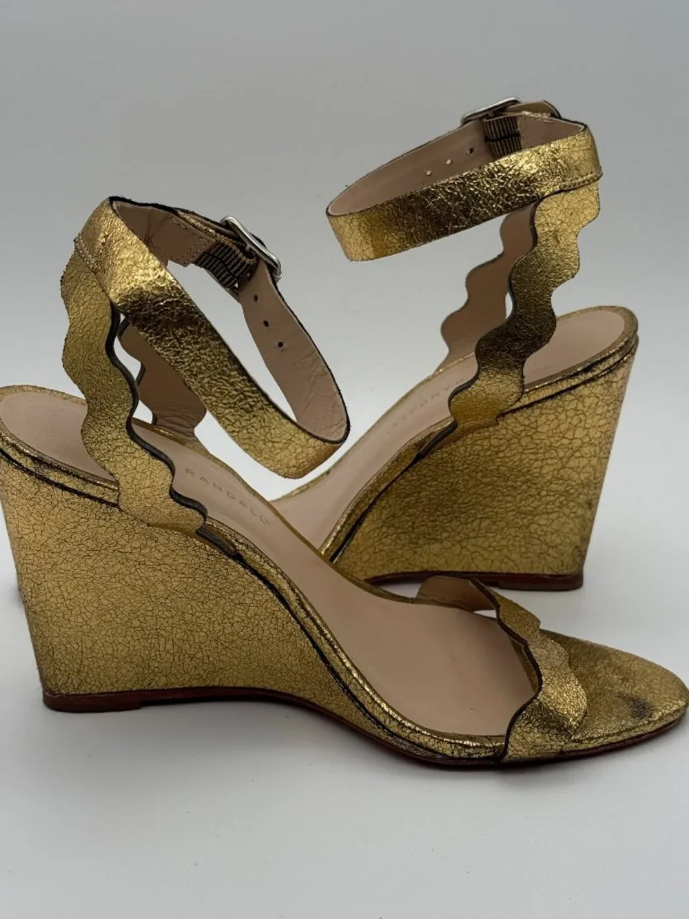 Loeffler Randall Piper Gold Metallic Scalloped Leather Wedge Sandals Size 8